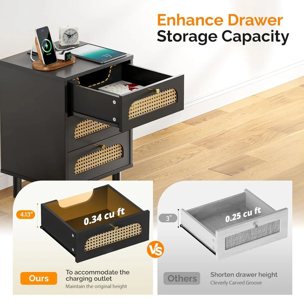 Rattan Nightstand With Charging Station, Set Of 2, 3 Drawer