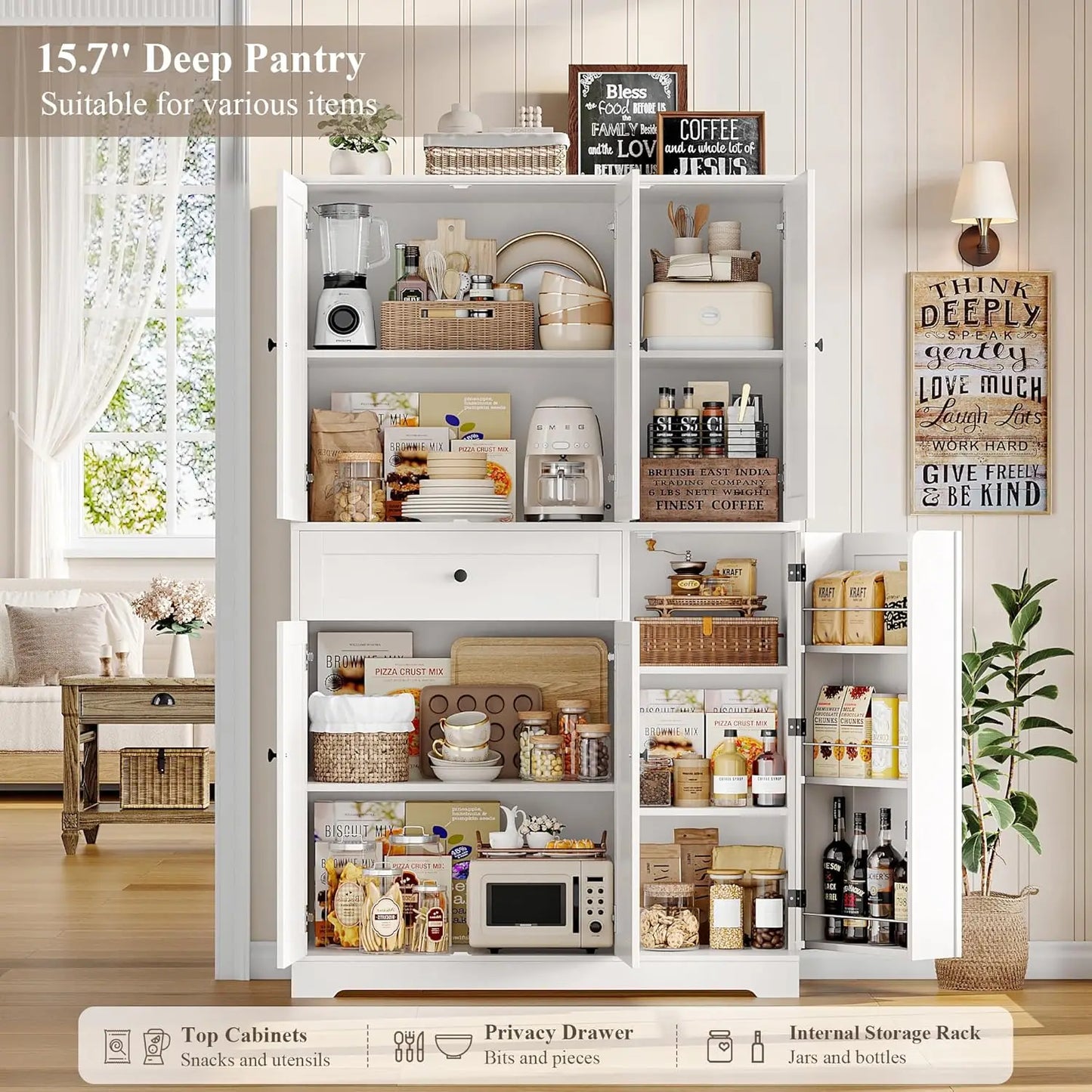 HUANZHUANG Modern Kitchen Pantry Cabinet Freestanding With Doors And Shelves