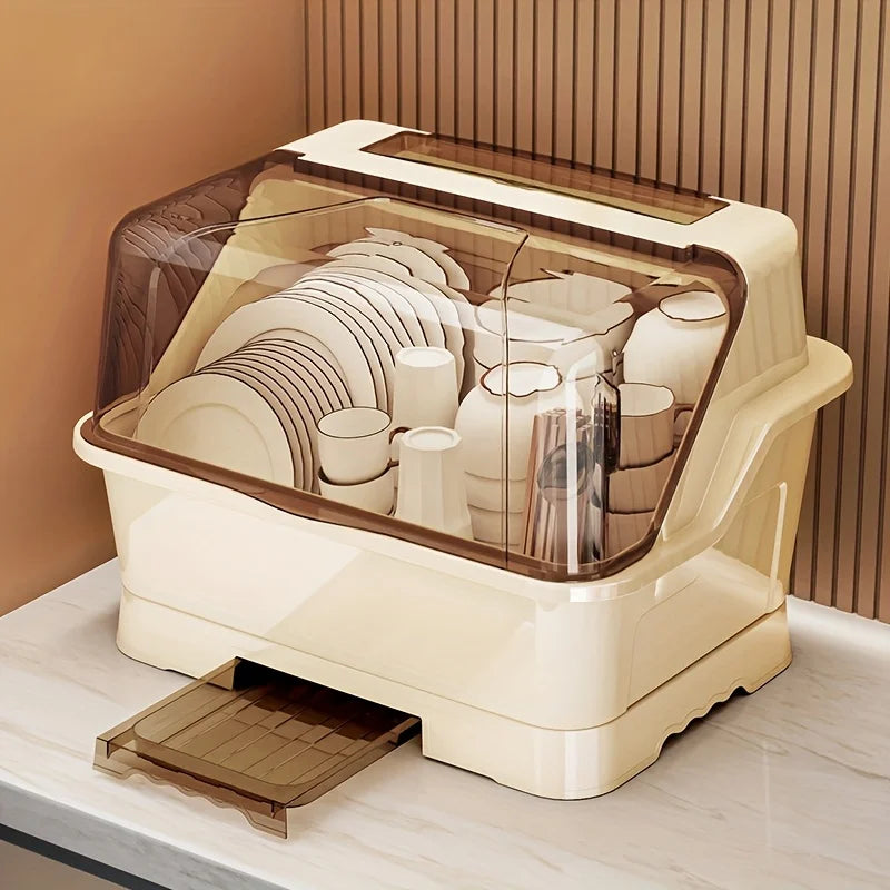 Lidded Dish Rack With Drainboard For Countertop And Cabinet Storage