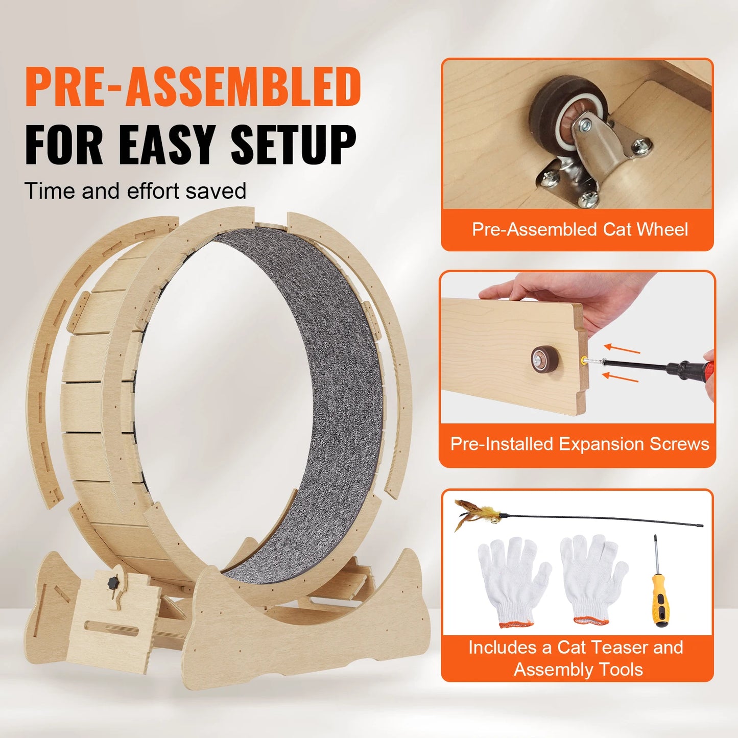 SucceBuy Wooden Cat Exercise Wheel With Detachable Carpet And Teaser