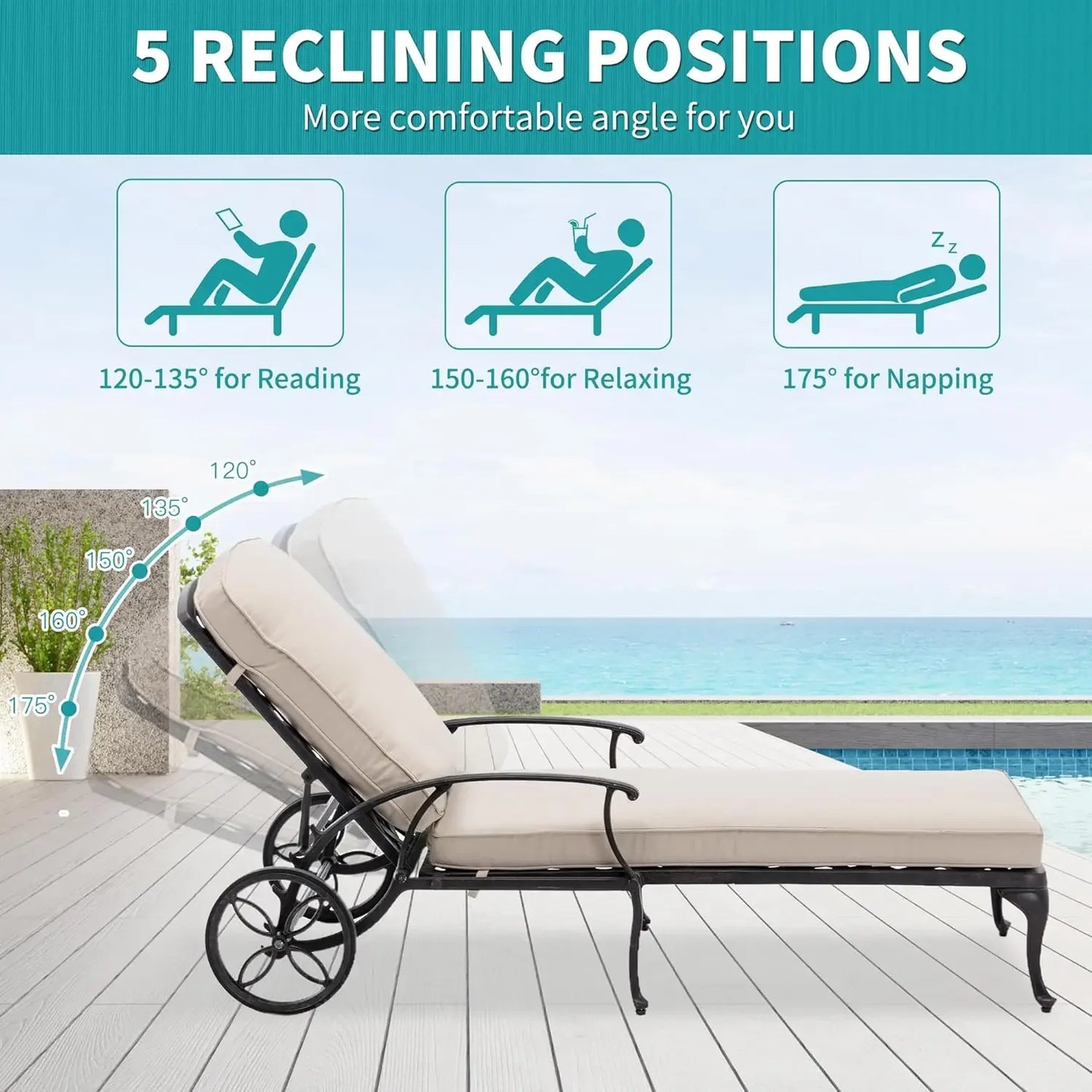 Adjustable Reclining Chaise Lounge With Cushion Poolside
