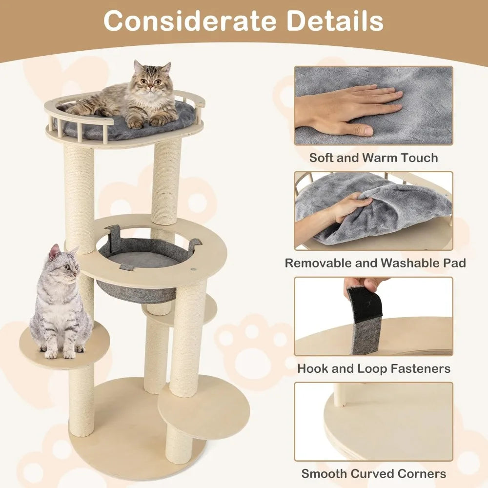 Wood Cat Tree Multi-Level Cat Tower With Scratching Posts