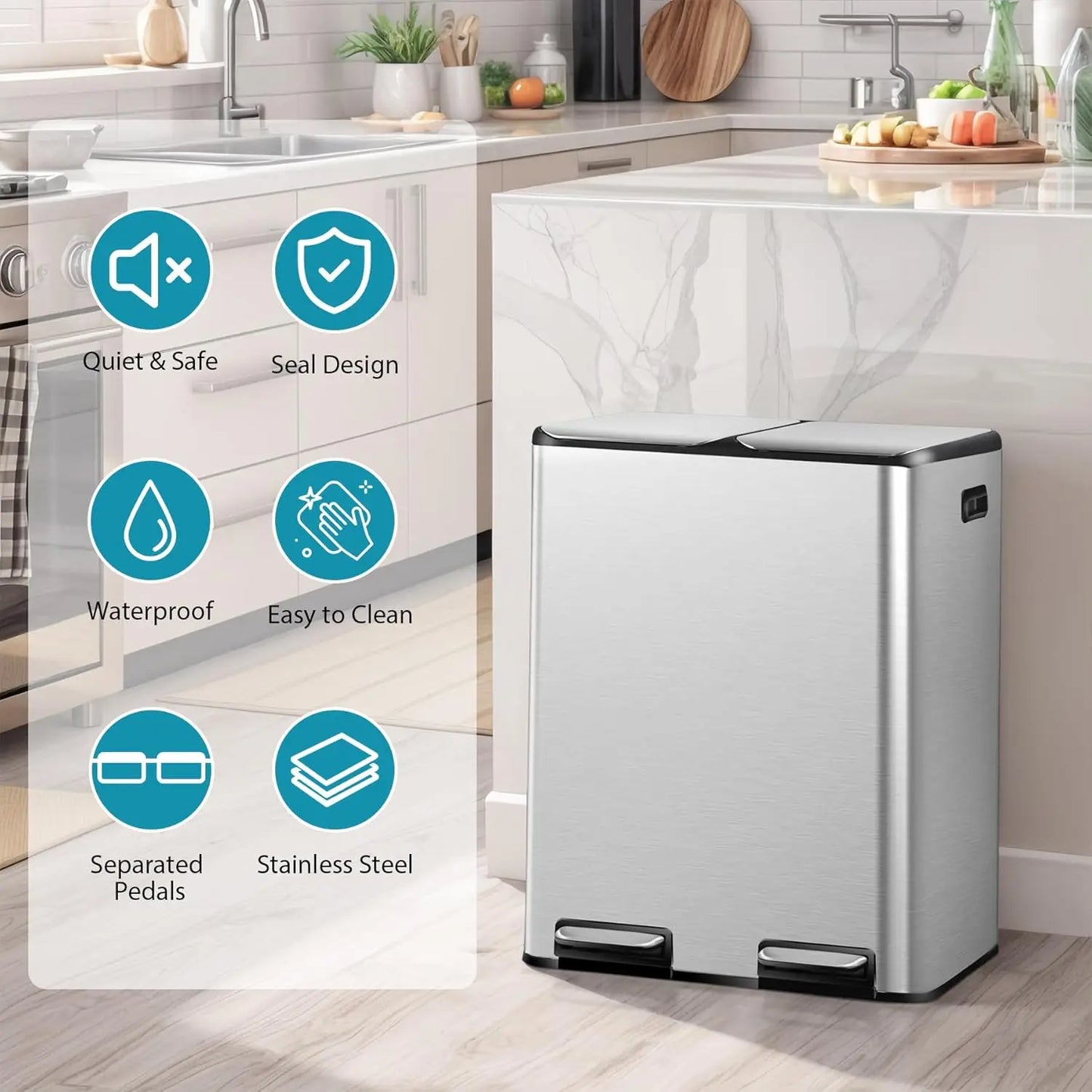 Dual Stainless Steel Kitchen Trash Can With Foot Pedal