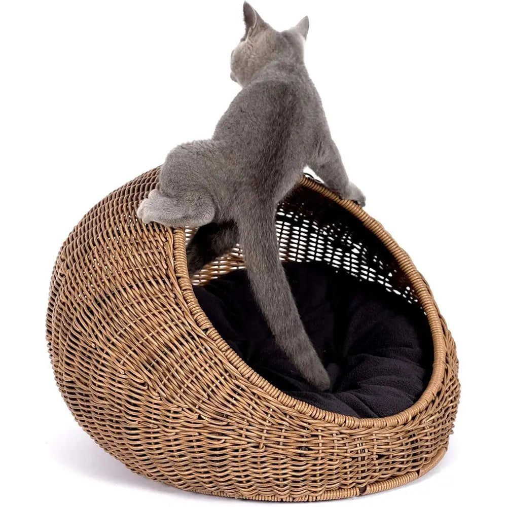 Wicker Cat Bed Dome for Indoor Cats Hideaway Covered Basket