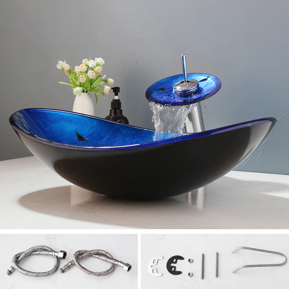 YANKSMART Oval Bathroom Sink Faucet Set With Tempered Glass