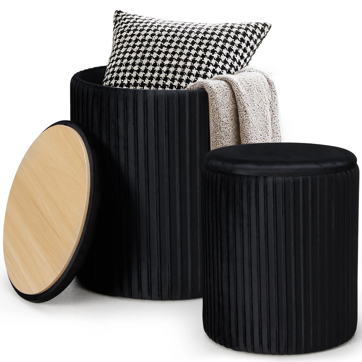 JHK Round Storage Ottoman Set Of 2 With Hidden Compartment