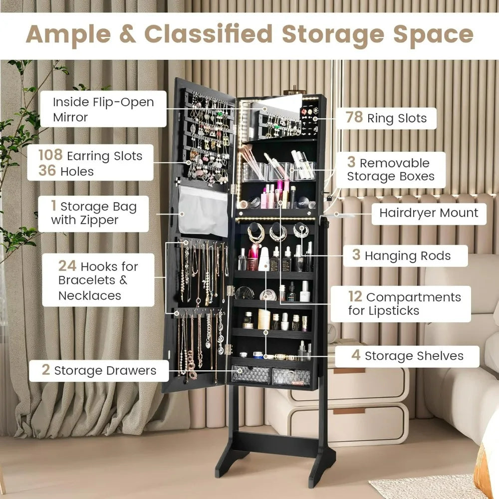 Jewelry Armoire With Full Length Mirror Lockable And LED Lights