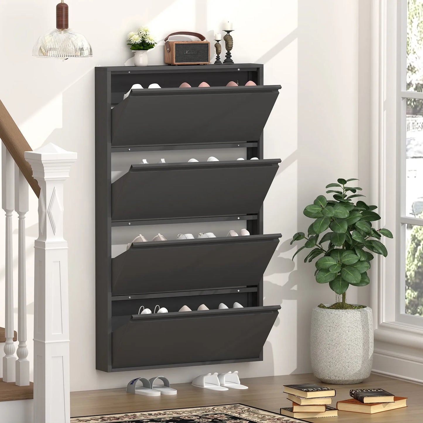 4 Tier Wall Mounted Shoe Cabinet With Flip Drawers Metal Entryway Organizer
