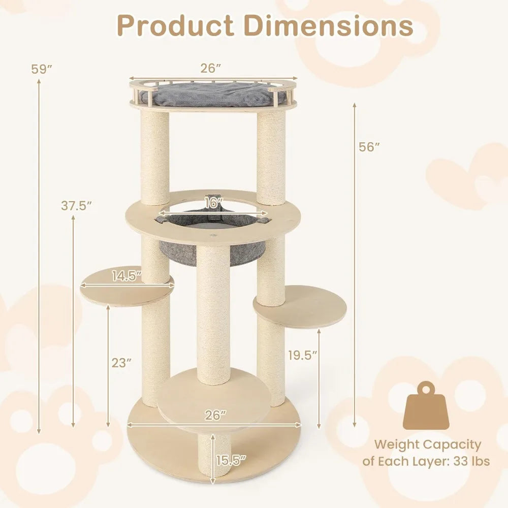 Wood Cat Tree Multi-Level Cat Tower With Scratching Posts