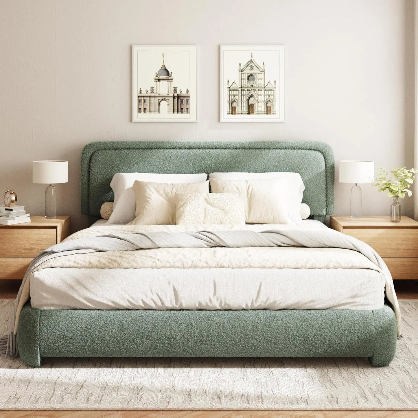 Boucle Upholstered Platform Bed Frame with Adjustable Headboard Rounded Corners