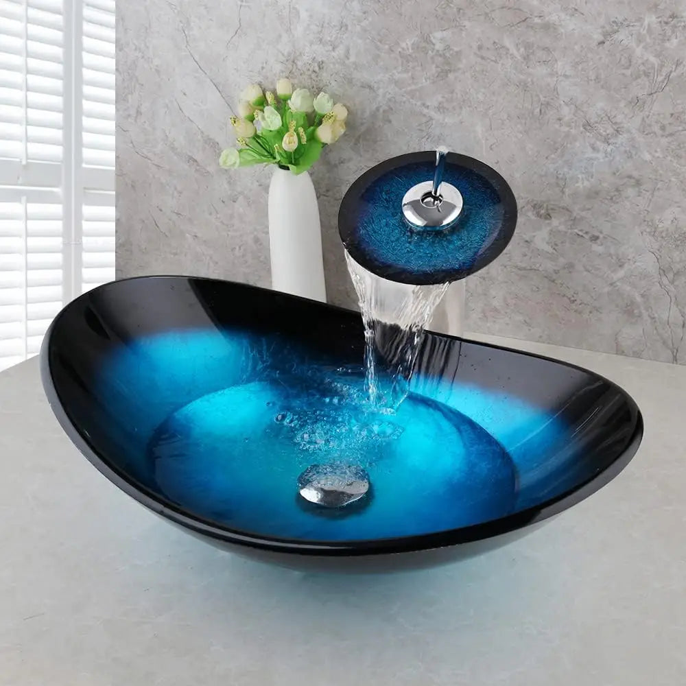YANKSMART Oval Bathroom Sink Faucet Set With Tempered Glass