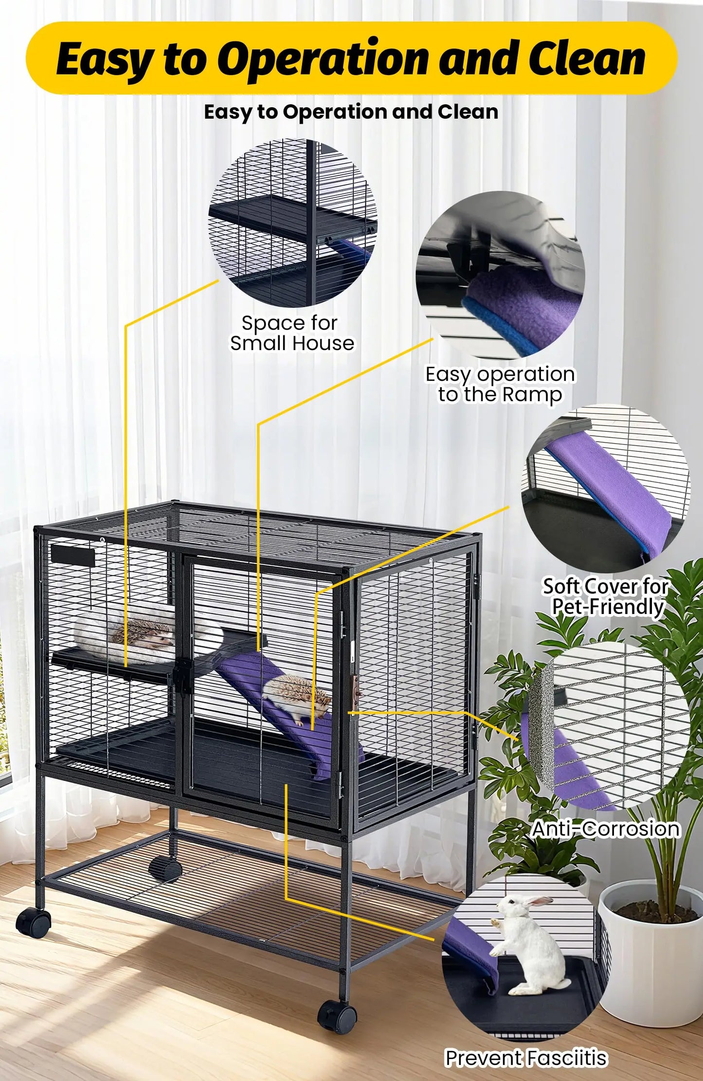 HiMISSCN Heavy Duty Small Animal Cage With Lockable Wheels Hammock