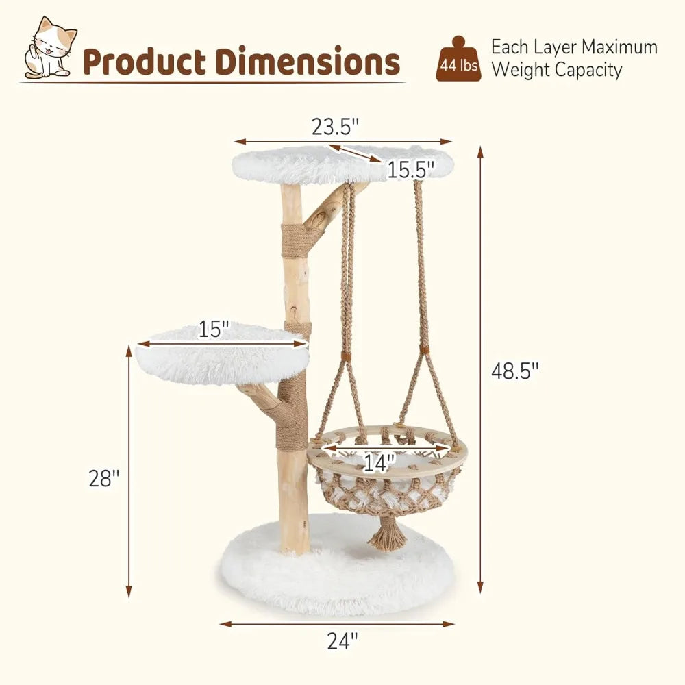 Wood Cat Tree With Multi Level Posts And Hanging Basket
