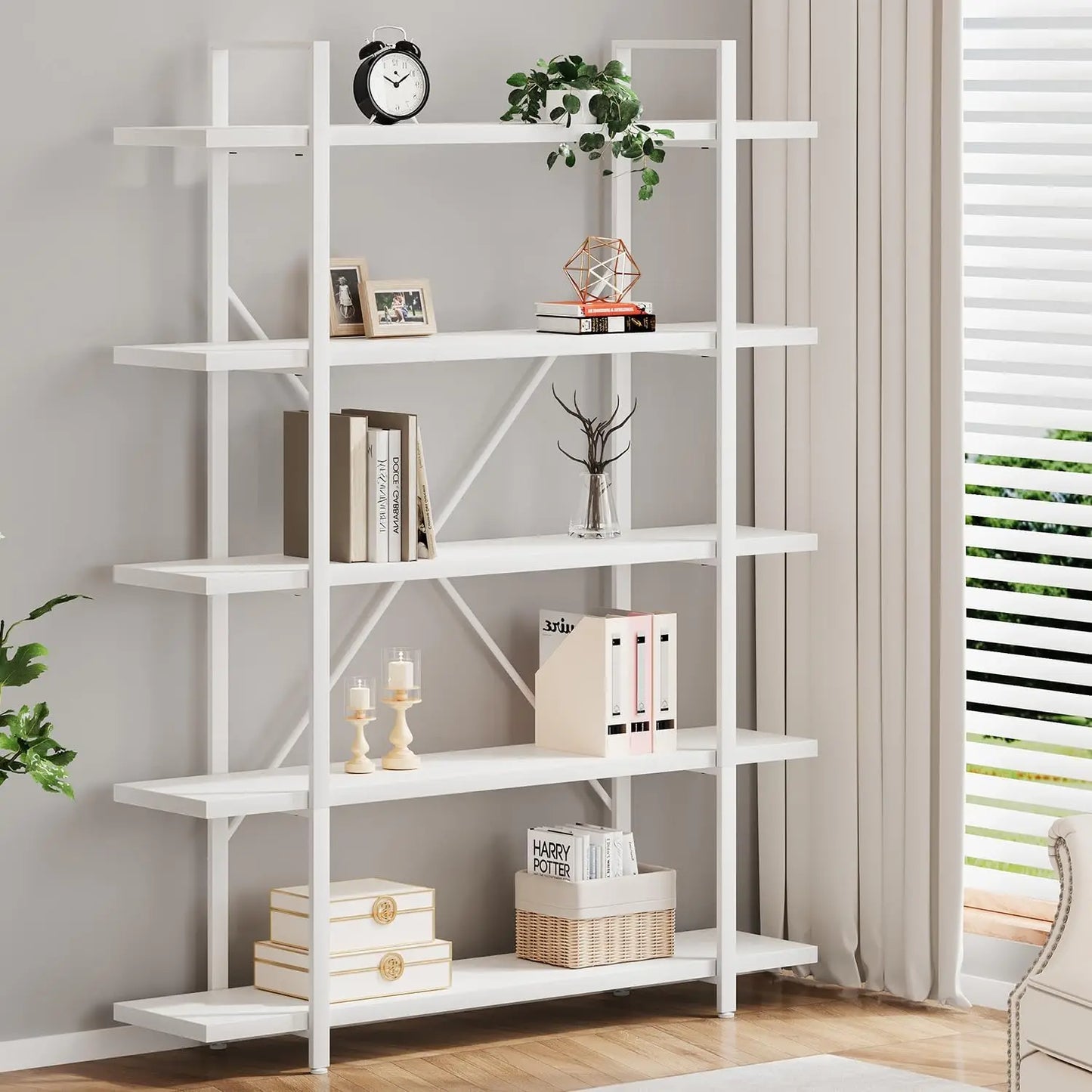 Industrial Modern 5 Tier Bookshelf With Metal Frame And Wood Shelves