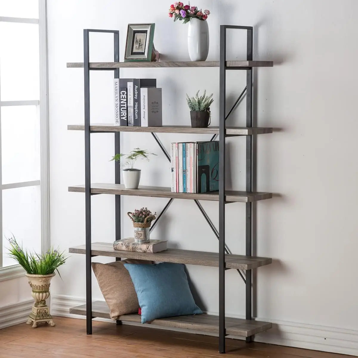 Industrial Modern 5 Tier Bookshelf With Metal Frame And Wood Shelves
