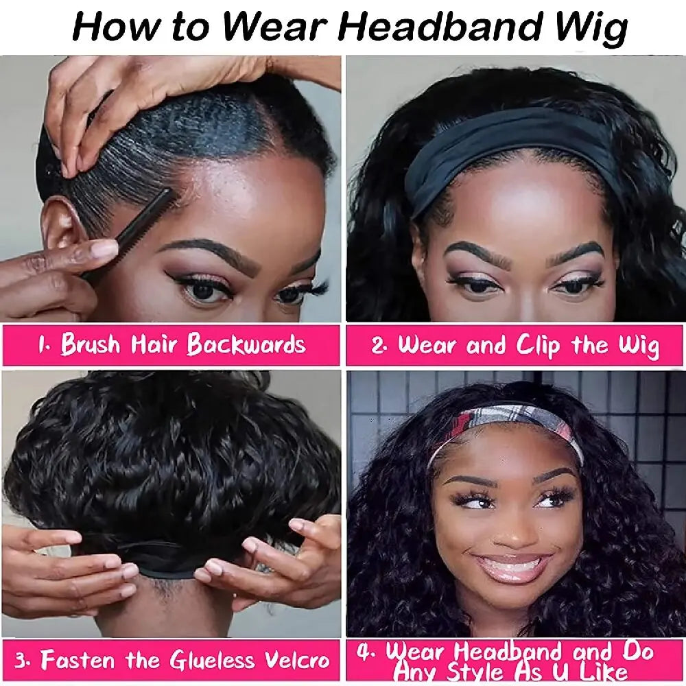 QZOQZO Deep Wave Headband Wig Human Hair Remy Brazilian