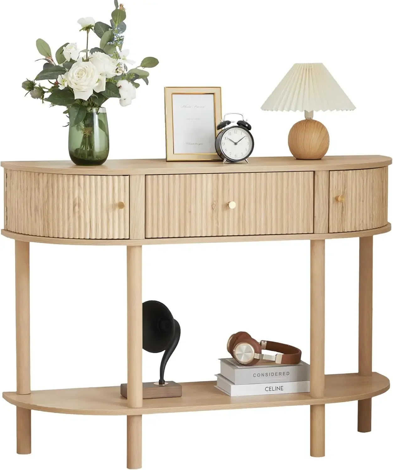 Modern Fluted Half Moon Console Table with Storage