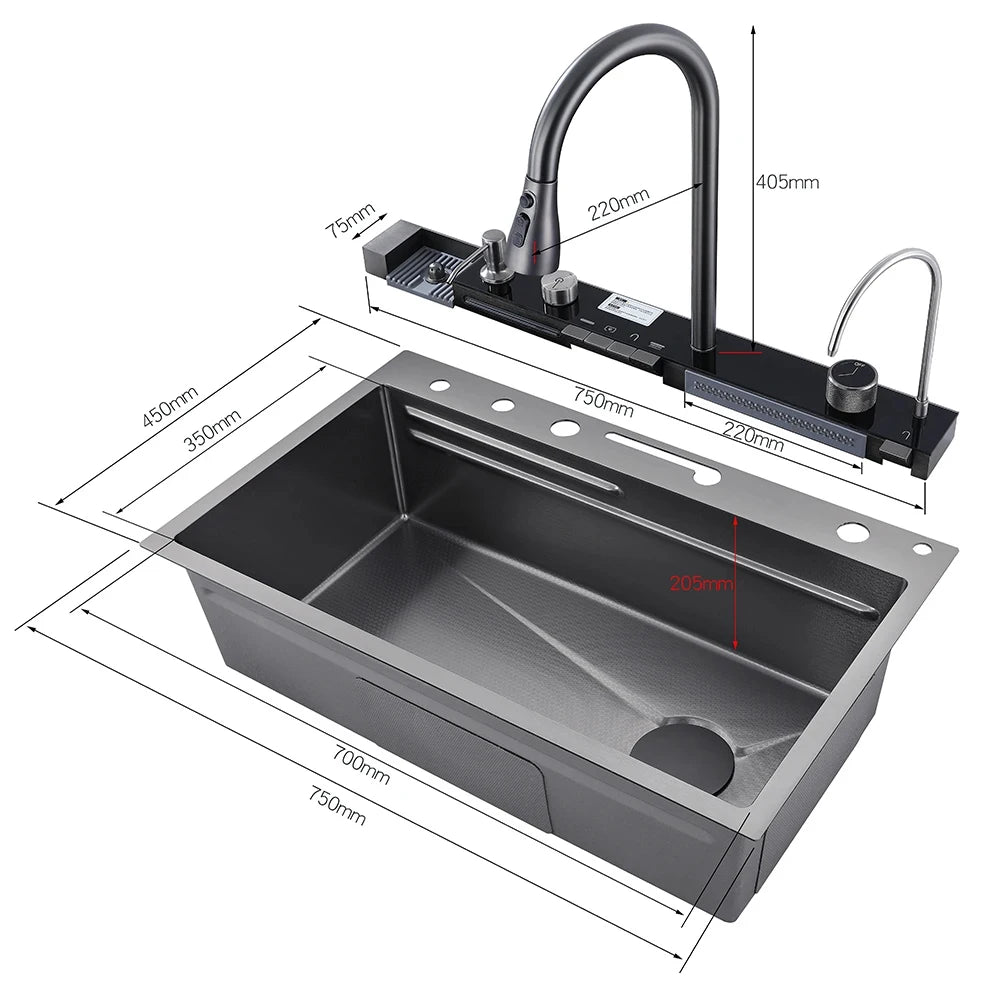 MYQualife 304 Stainless Steel Waterfall Sink Faucet Set With Display