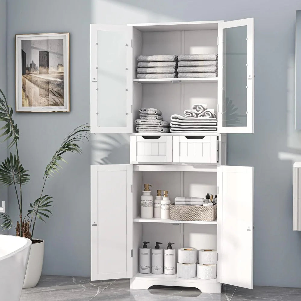 Freestanding Bathroom Linen Cabinet With Glass Doors And Shelves