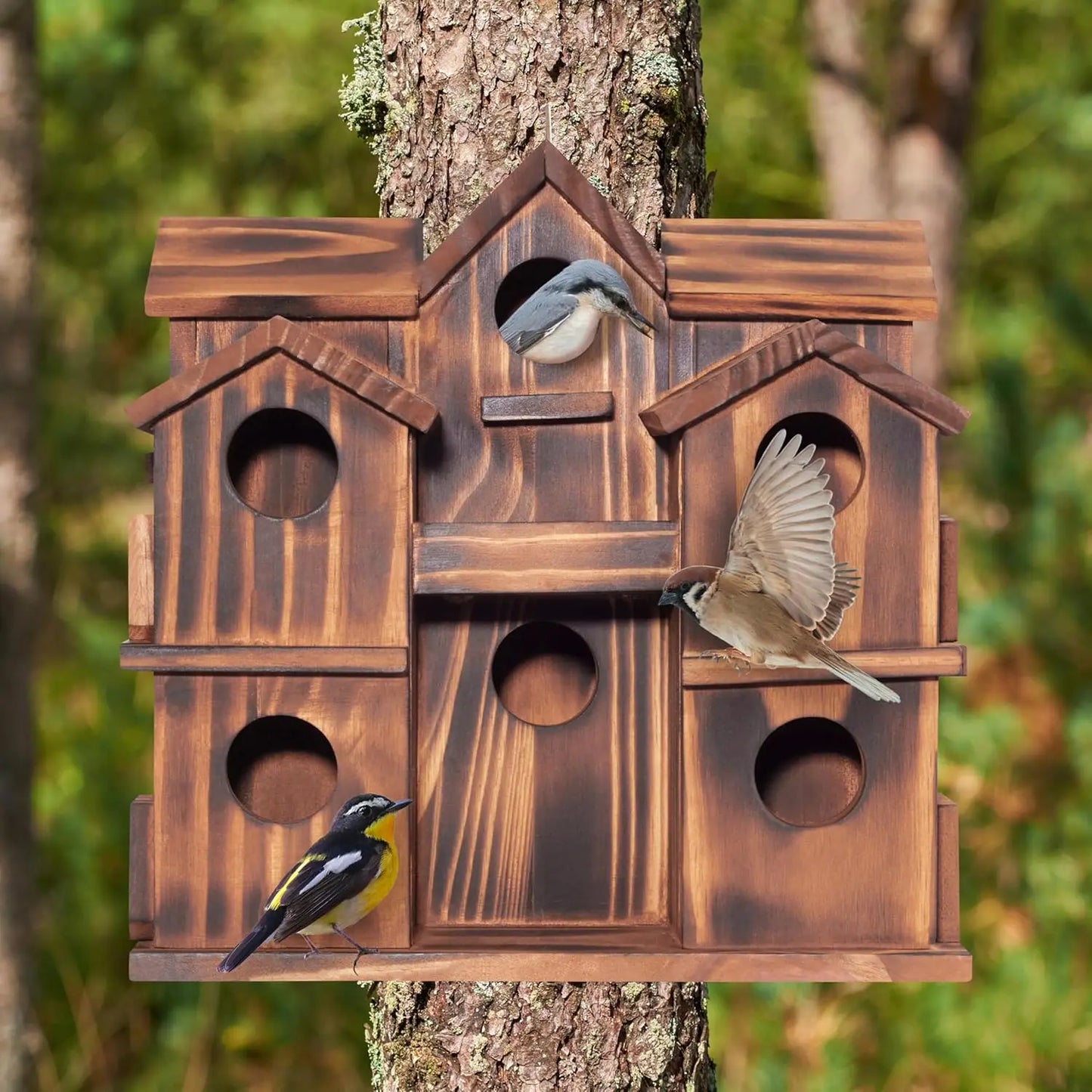 NONE Wooden Bird House 10-Chamber Outdoor Nesting Box
