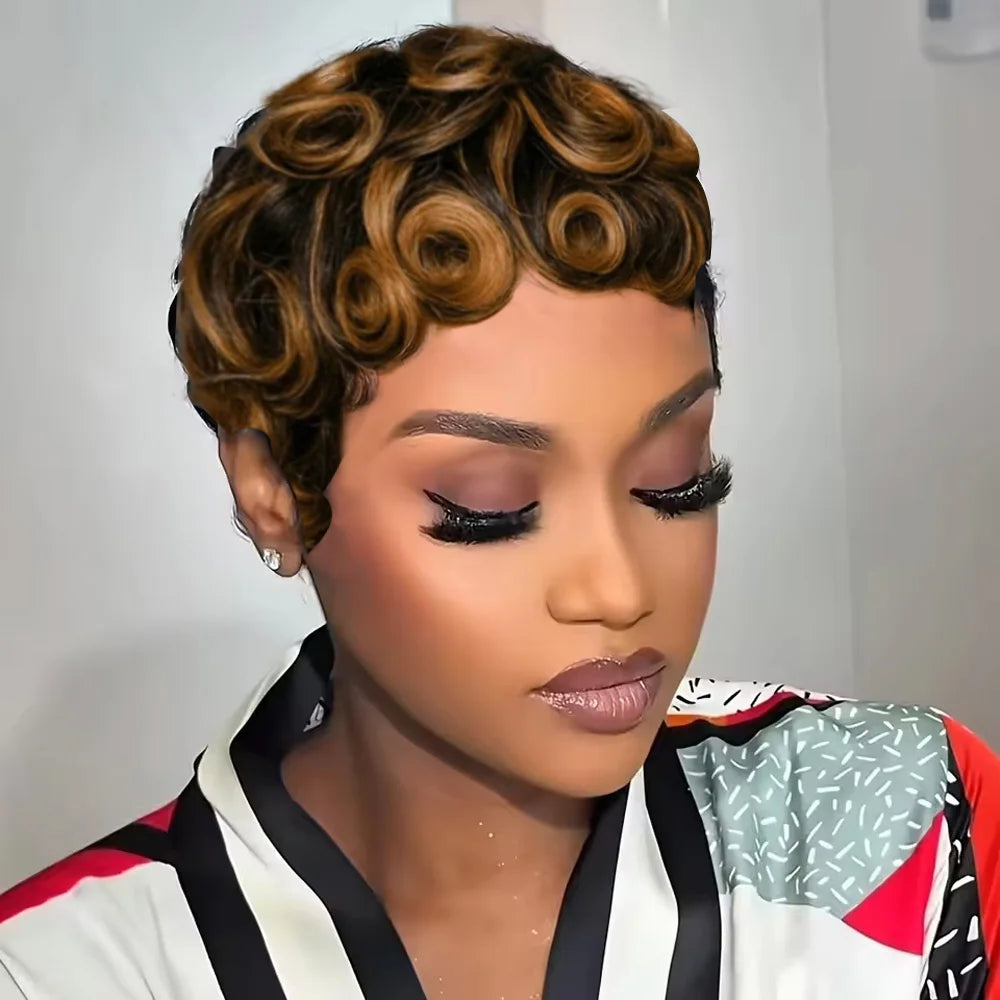 UVEOUS Women's Pixie Cut Wig Short Layered Curly Bangs