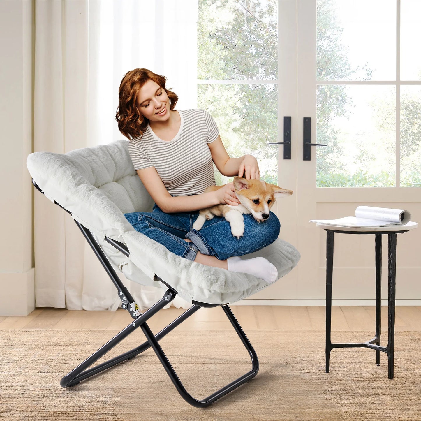 JHK Cozy Saucer Chair With Soft Faux Fur Padded Seat