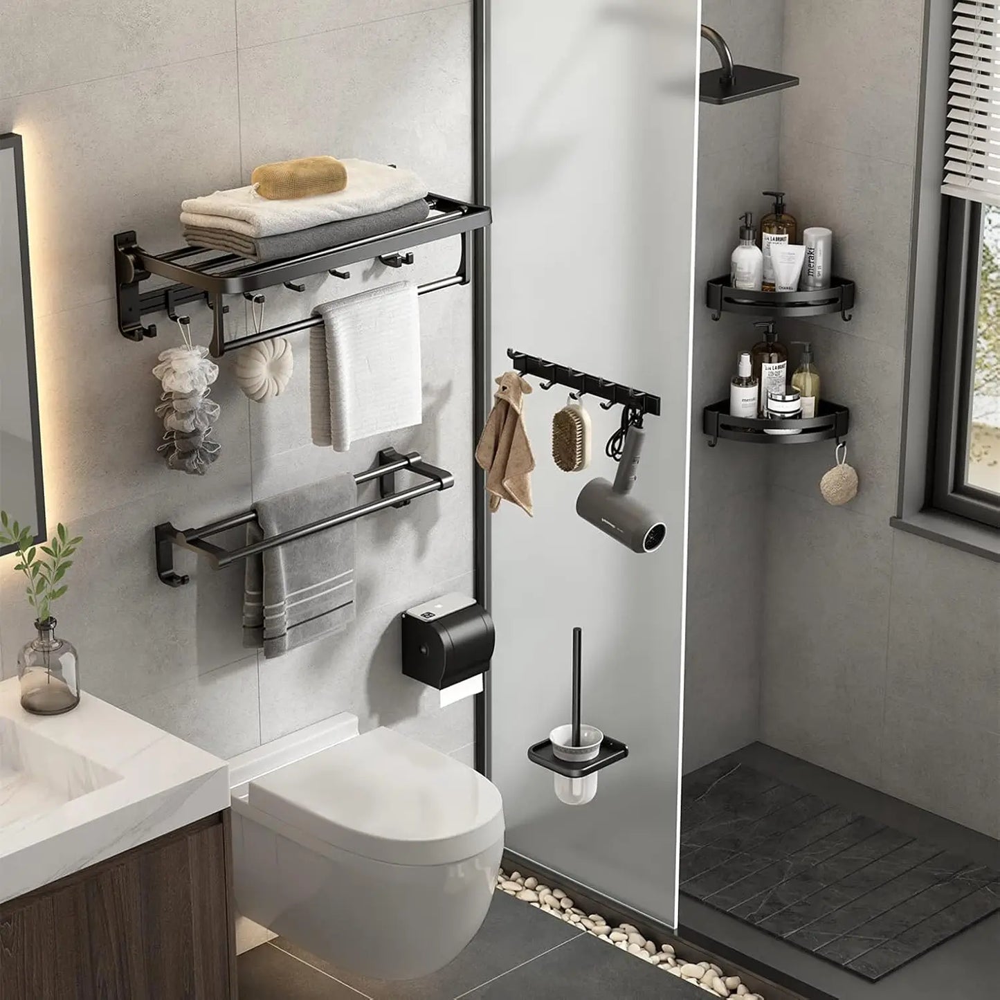 XMSJ Towel Rack With Bar Holder Foldable Shelf Movable Hooks