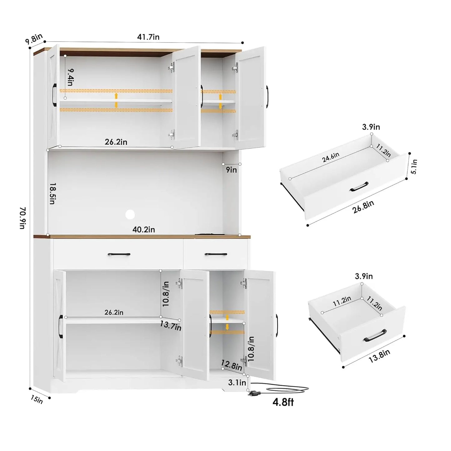 HUANZHUANG Pantry Cabinet With Charging Station Kitchen Storage
