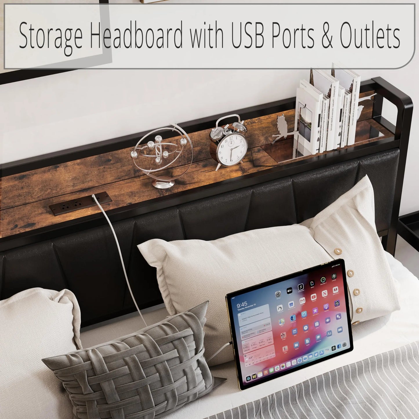 LIKIMIO Bed Frame With Storage Headboard And Charging Station