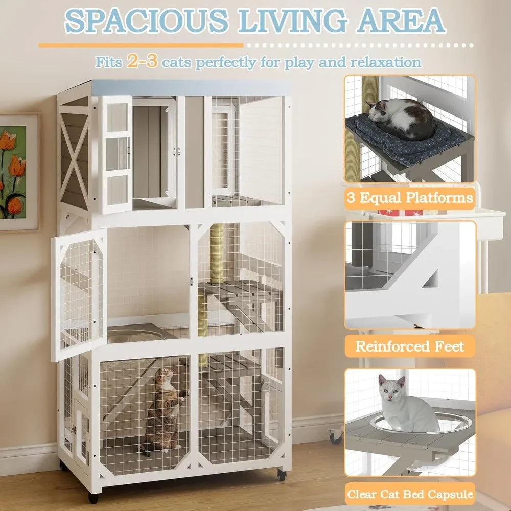 Wooden Catio Outdoor Cat Enclosure With Wheels And Platforms