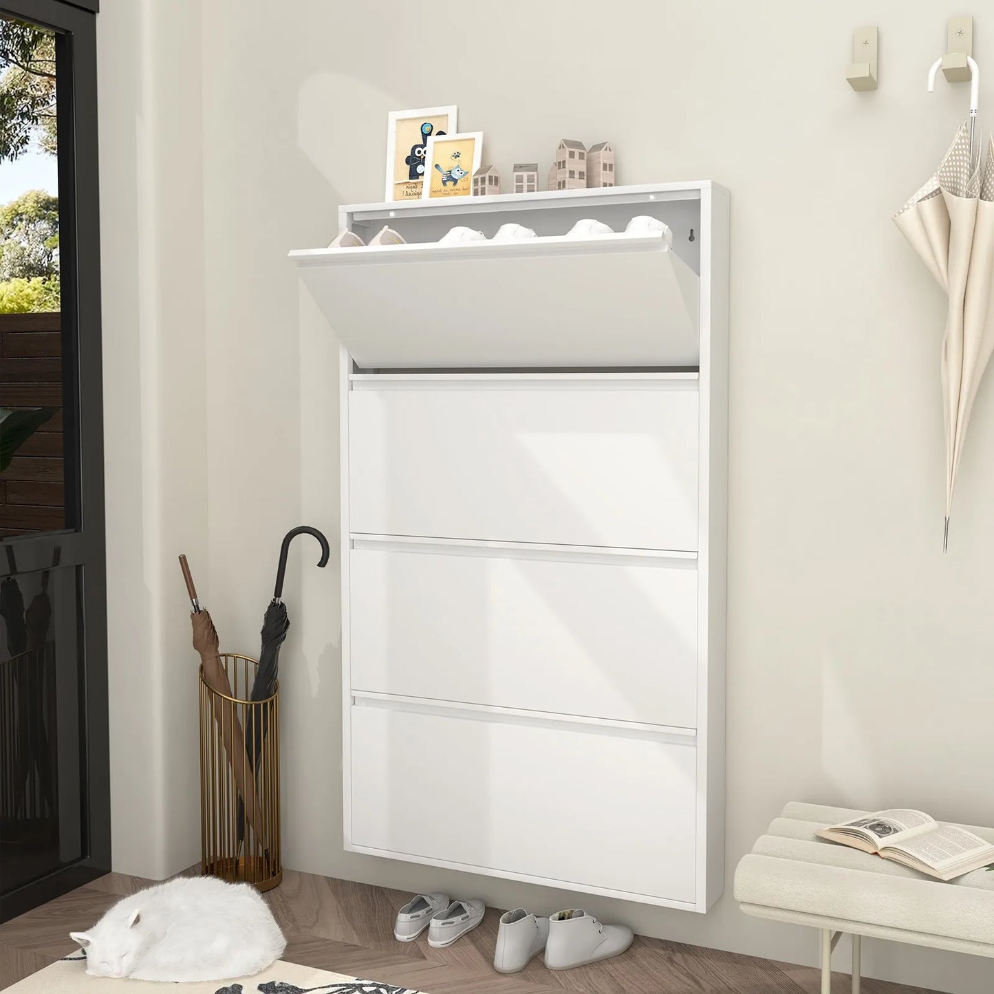 4 Tier Wall Mounted Shoe Cabinet With Flip Drawers Metal Entryway Organizer
