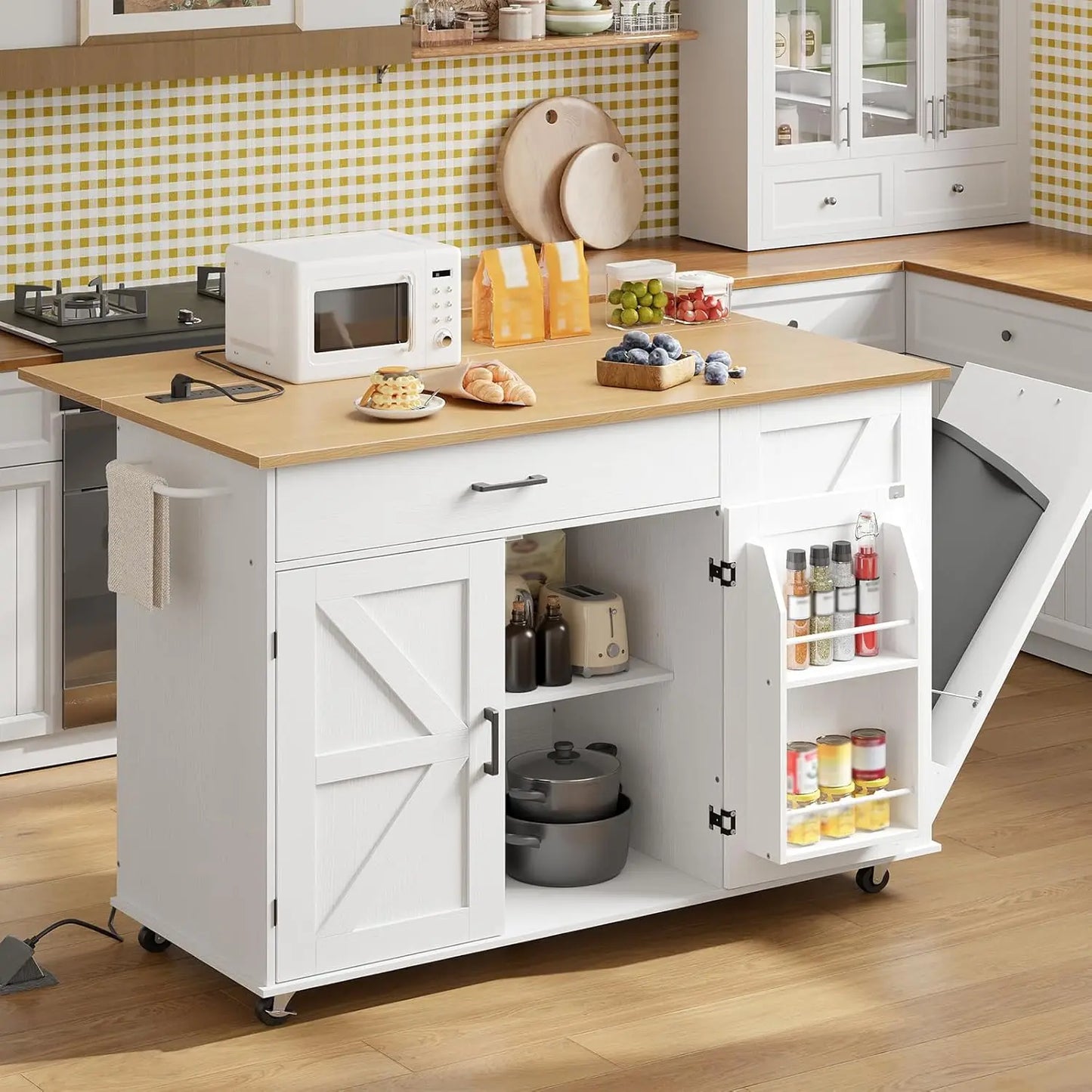 Kitchen Island with Storage Rolling Power Outlet Modern Design