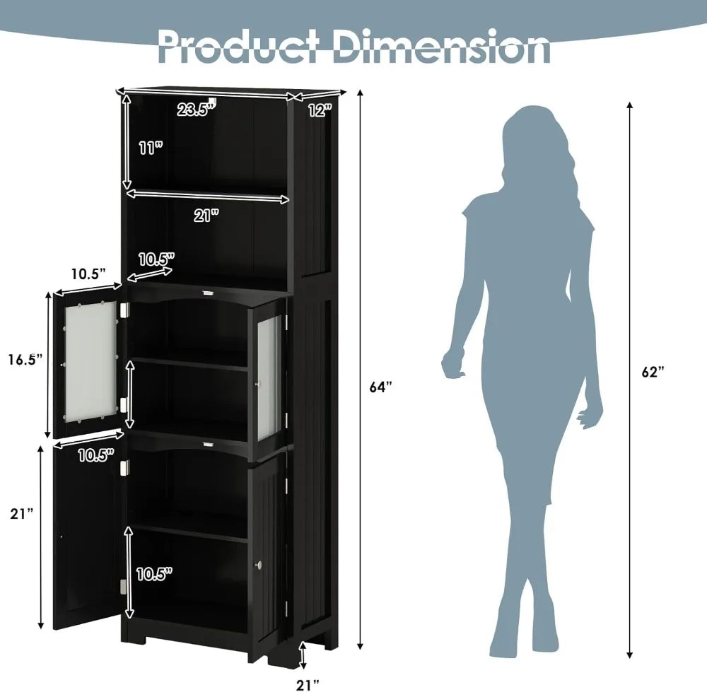 Tall Bathroom Storage Cabinet Freestanding With Glass Doors Shelves
