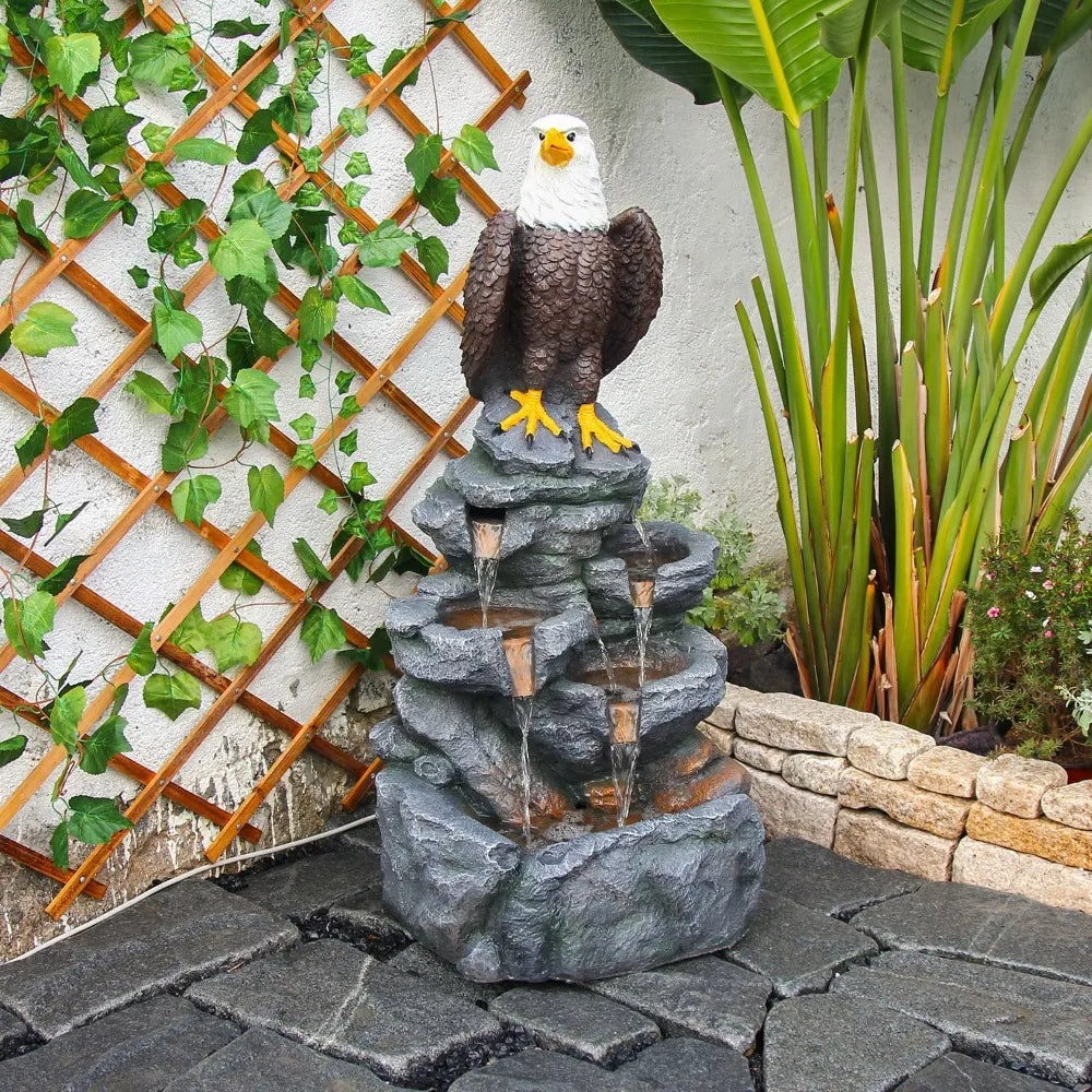 Bald Eagle Outdoor Fountain Statue With Tiered Rock Cascade Resin