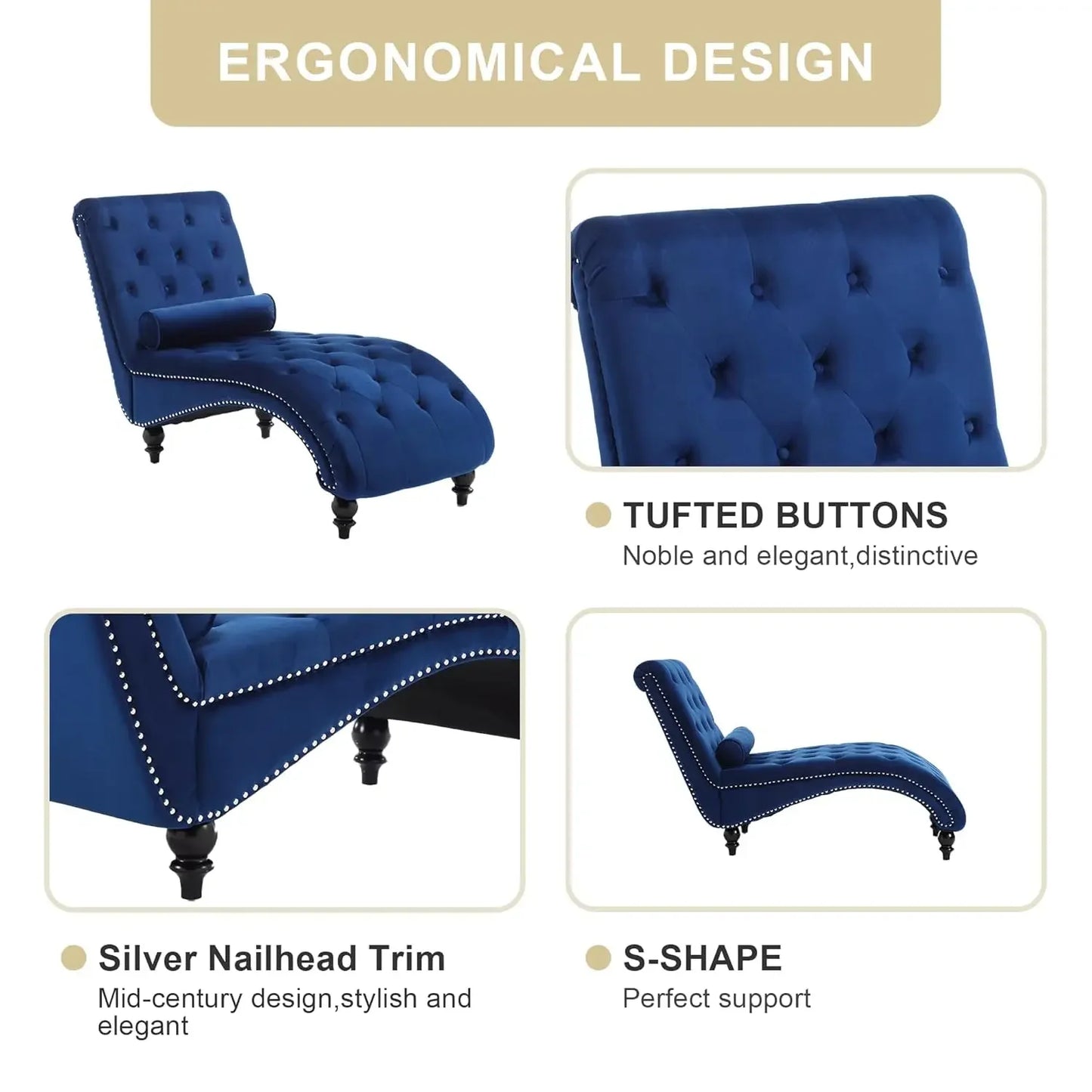 Velvet Button Tufted Chaise Lounge Chair For Living Room