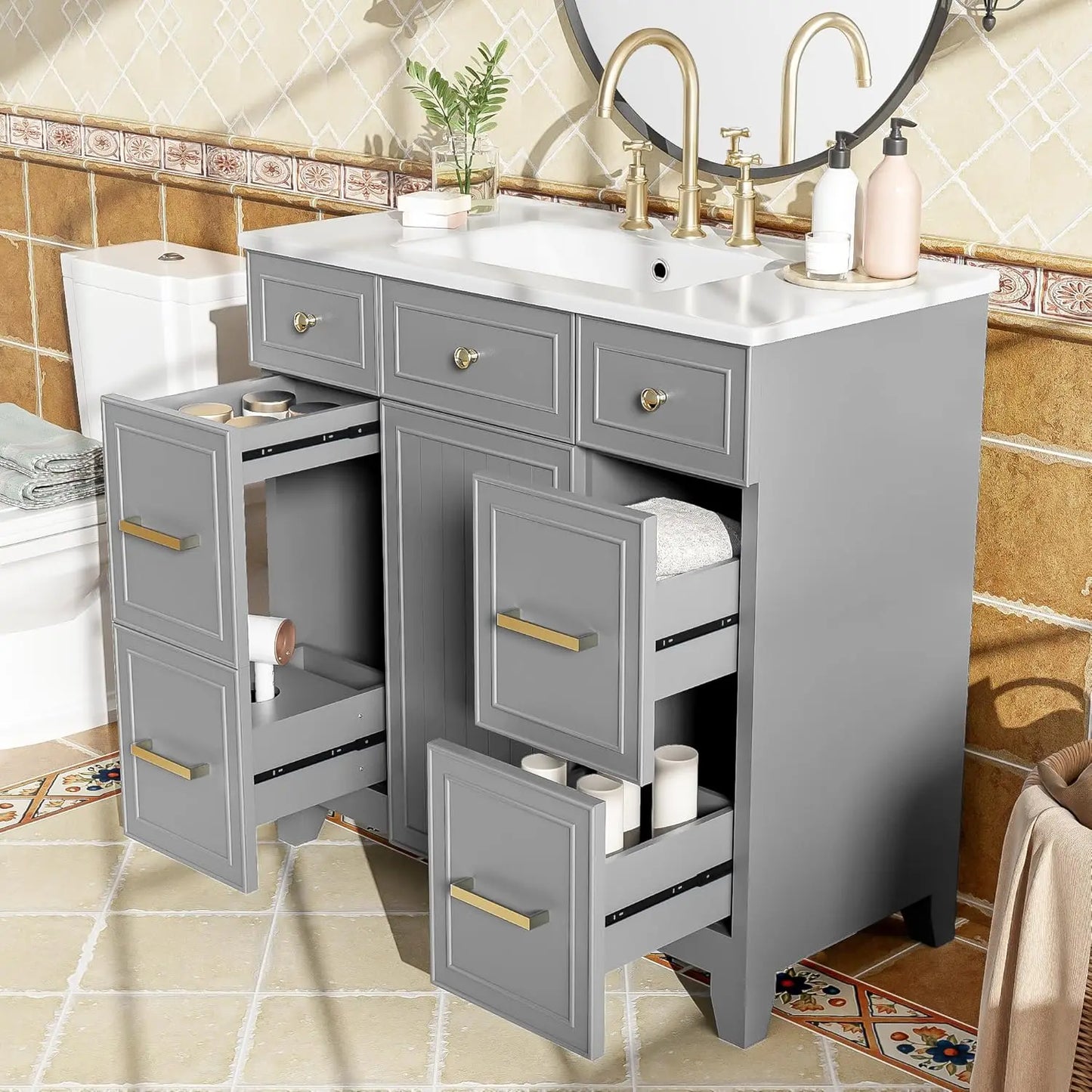 Bathroom Vanity Cabinet Sink Top Combo With Three Drawers