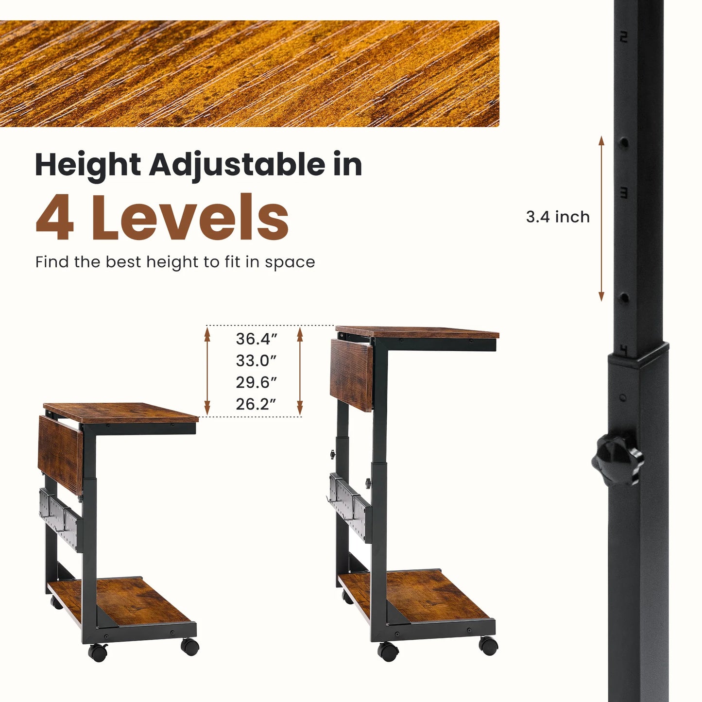 JHK 2 Tier Mobile Standing Sofa Desk With Folding Panel