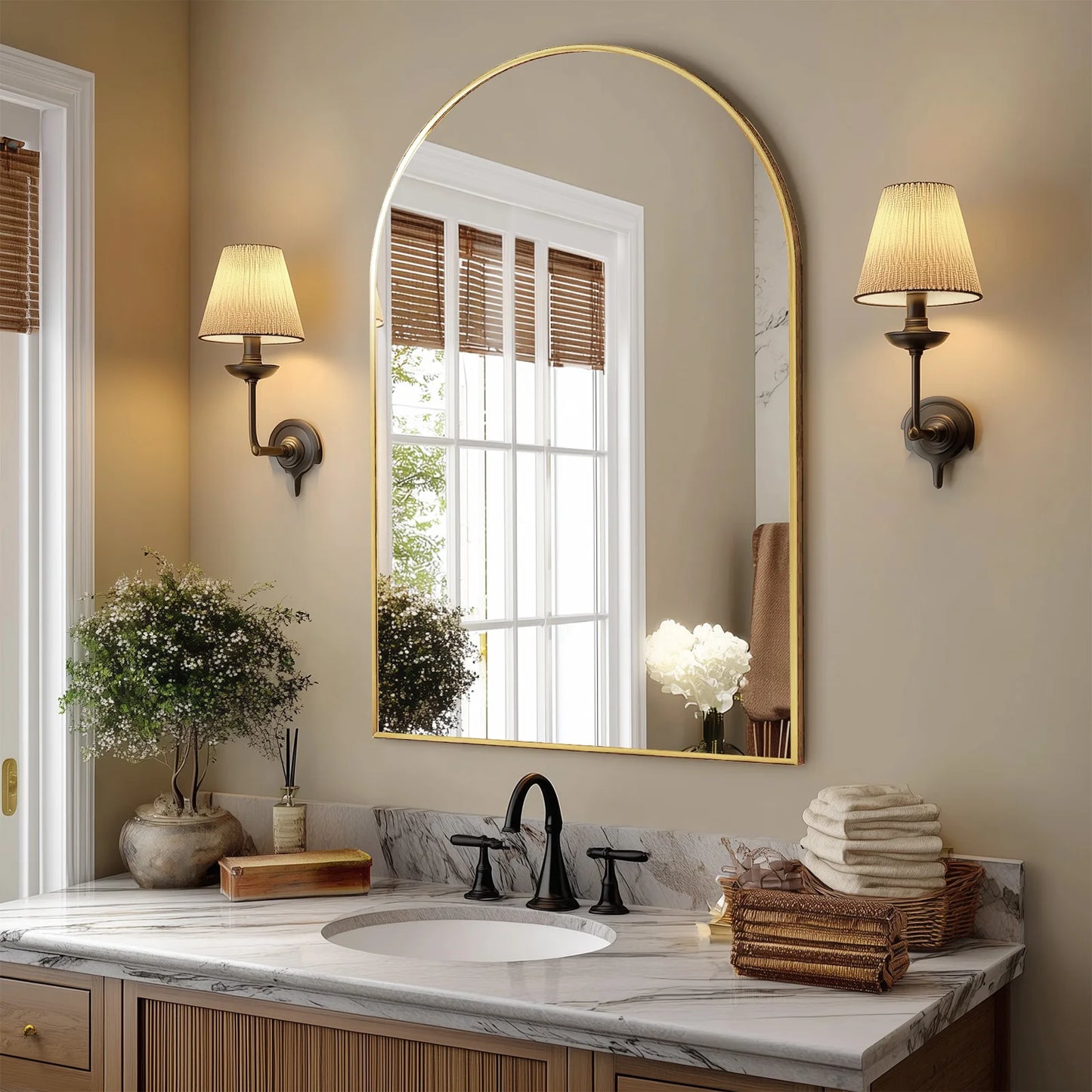 JHK Arched Metal Framed Bathroom Mirror for Wall and Entryway