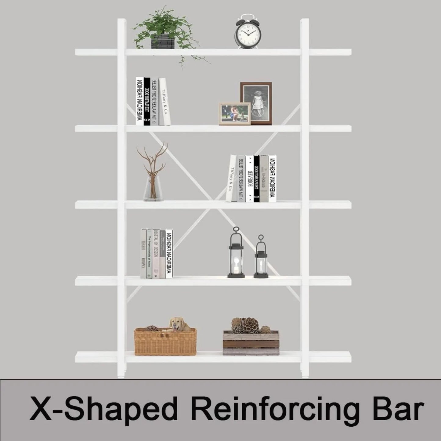 Industrial Modern 5 Tier Bookshelf With Metal Frame And Wood Shelves