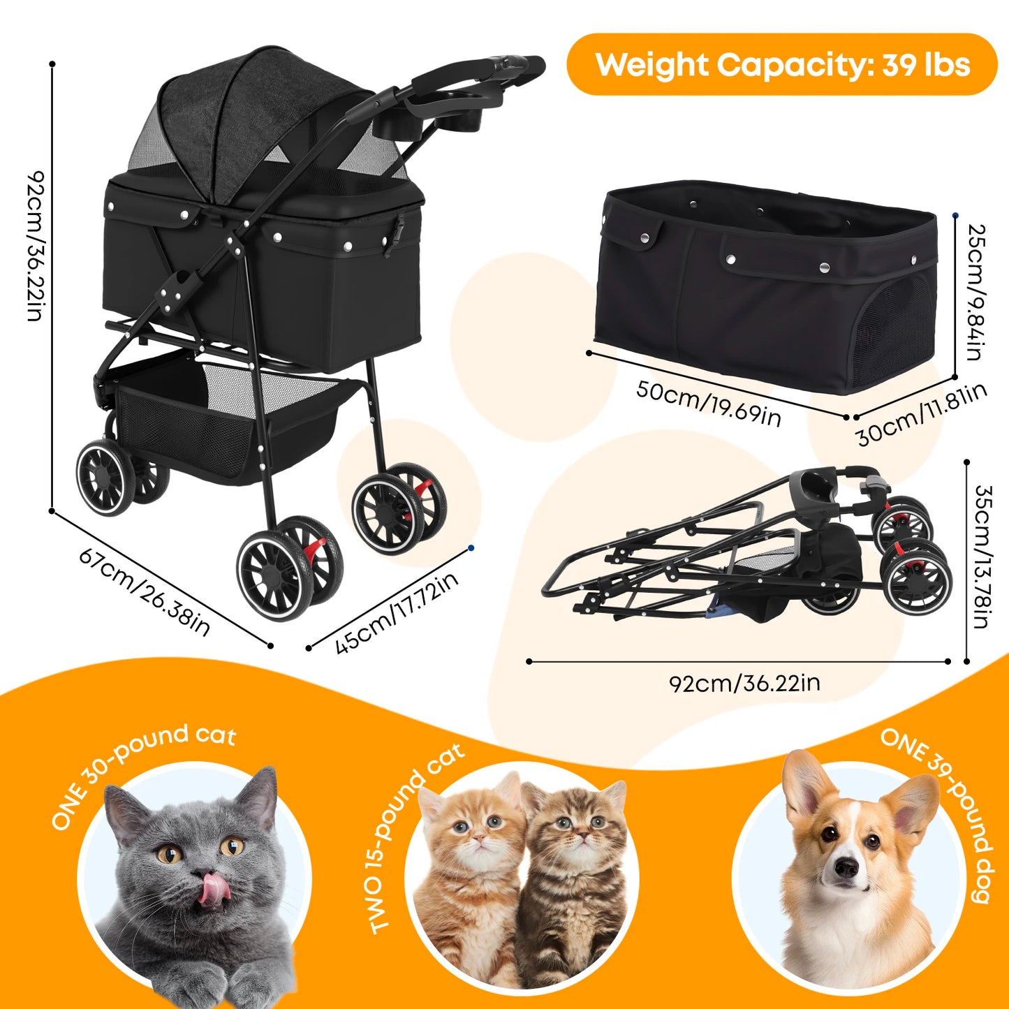 CHIHUAHUA 3 in 1 Pet Stroller With Removable Carrier