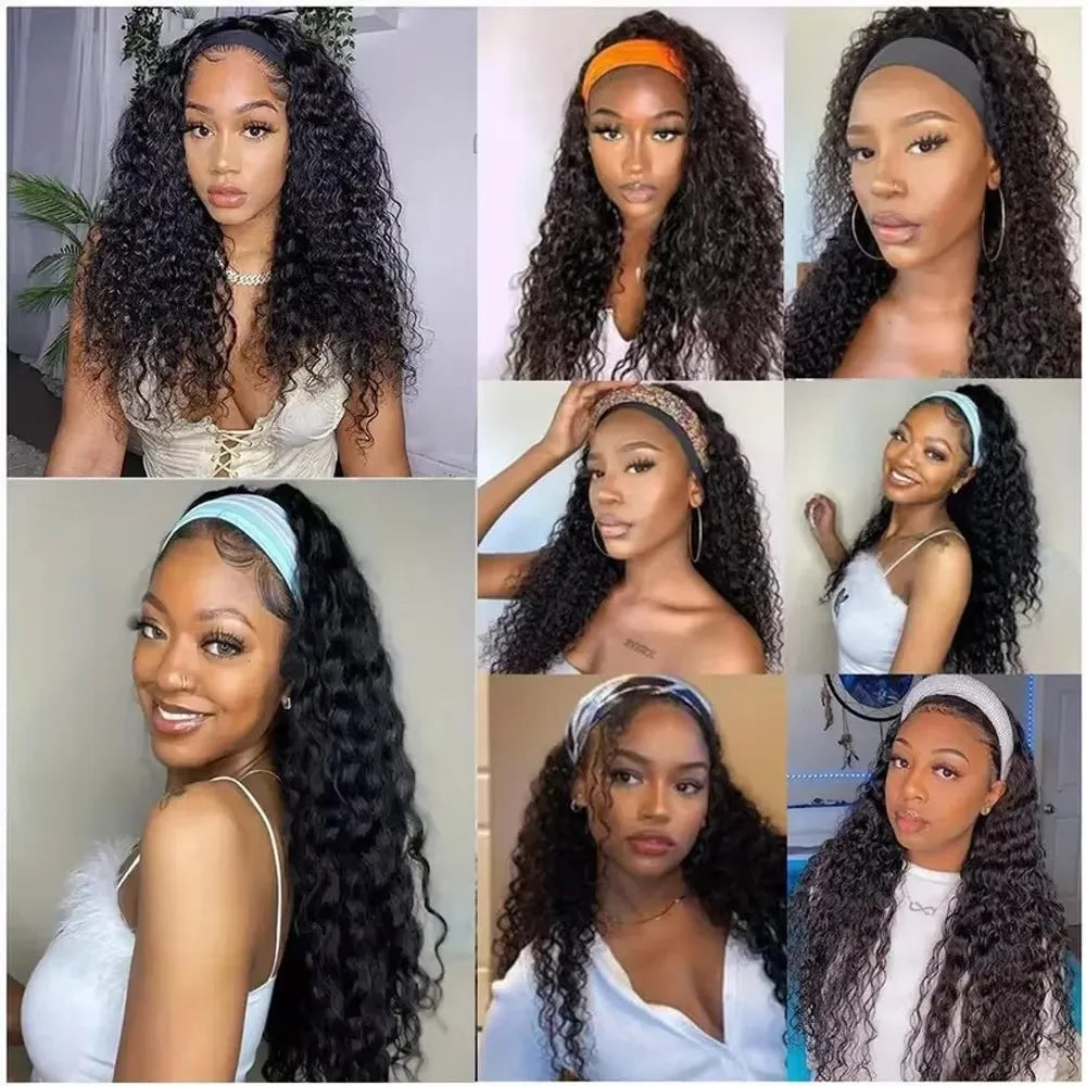 QZOQZO Deep Wave Headband Wig Human Hair Remy Brazilian