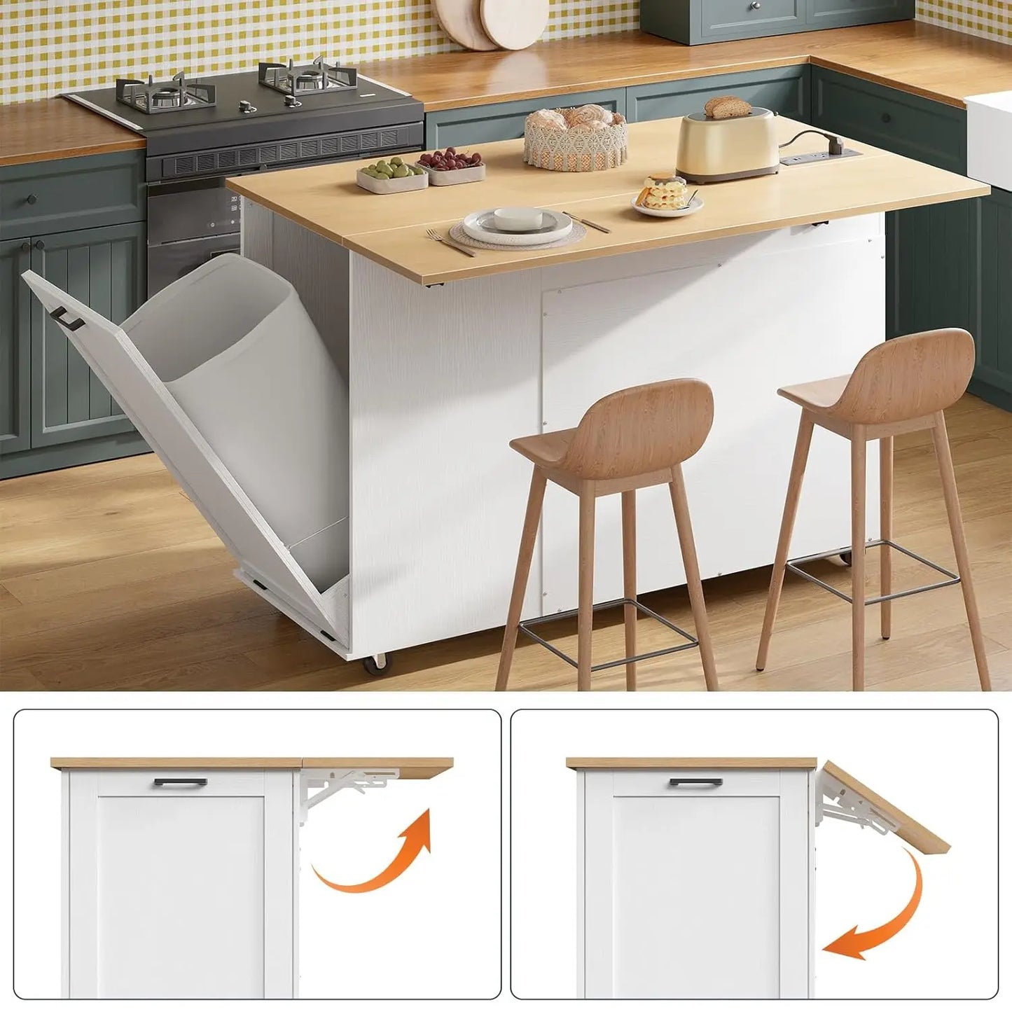 Kitchen Island with Storage Rolling Power Outlet Modern Design