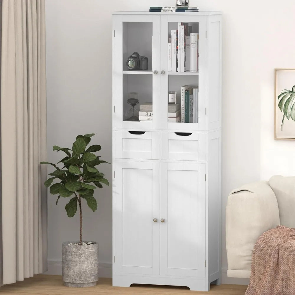 Freestanding Bathroom Linen Cabinet With Glass Doors And Shelves