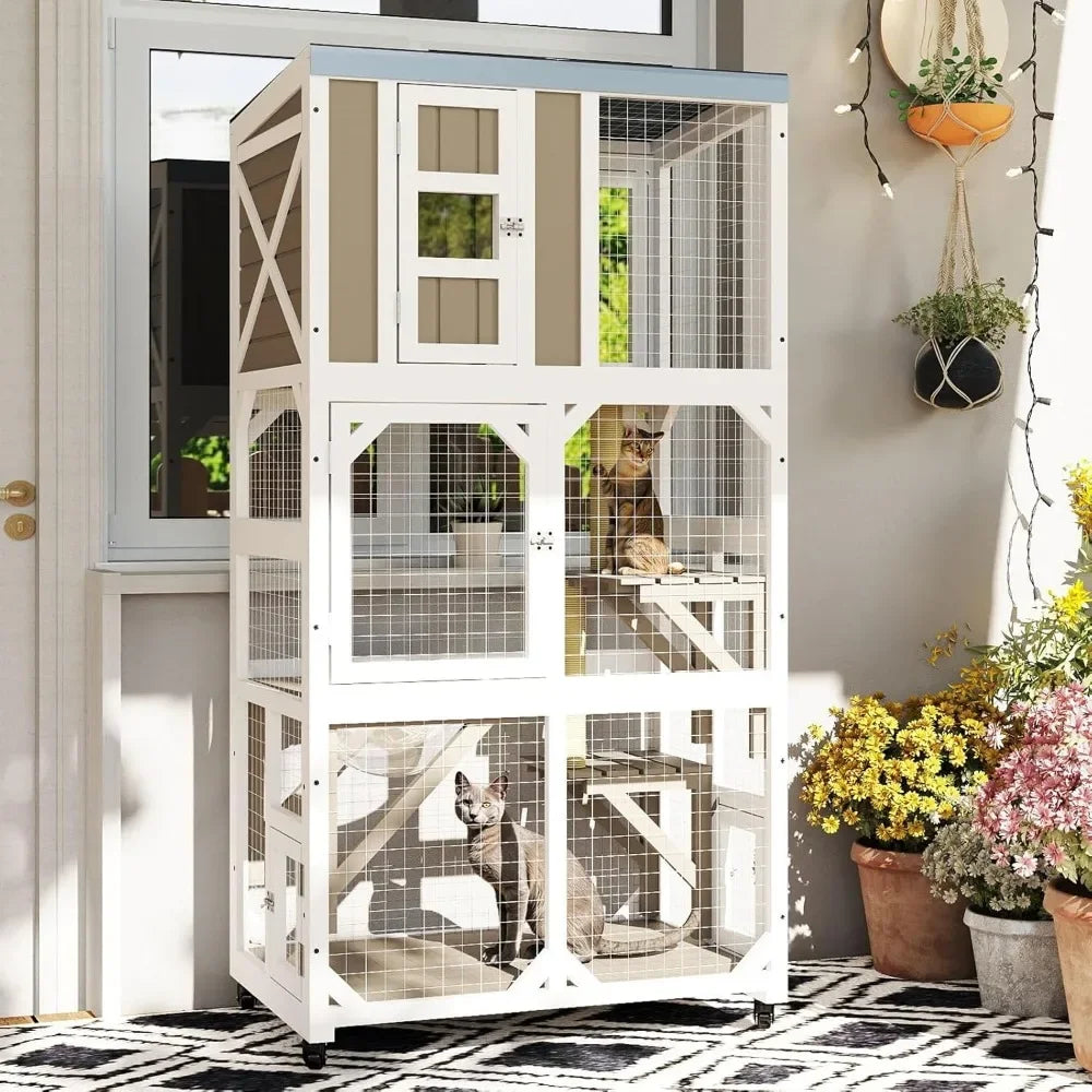 Wooden Catio Outdoor Cat Enclosure With Wheels And Platforms