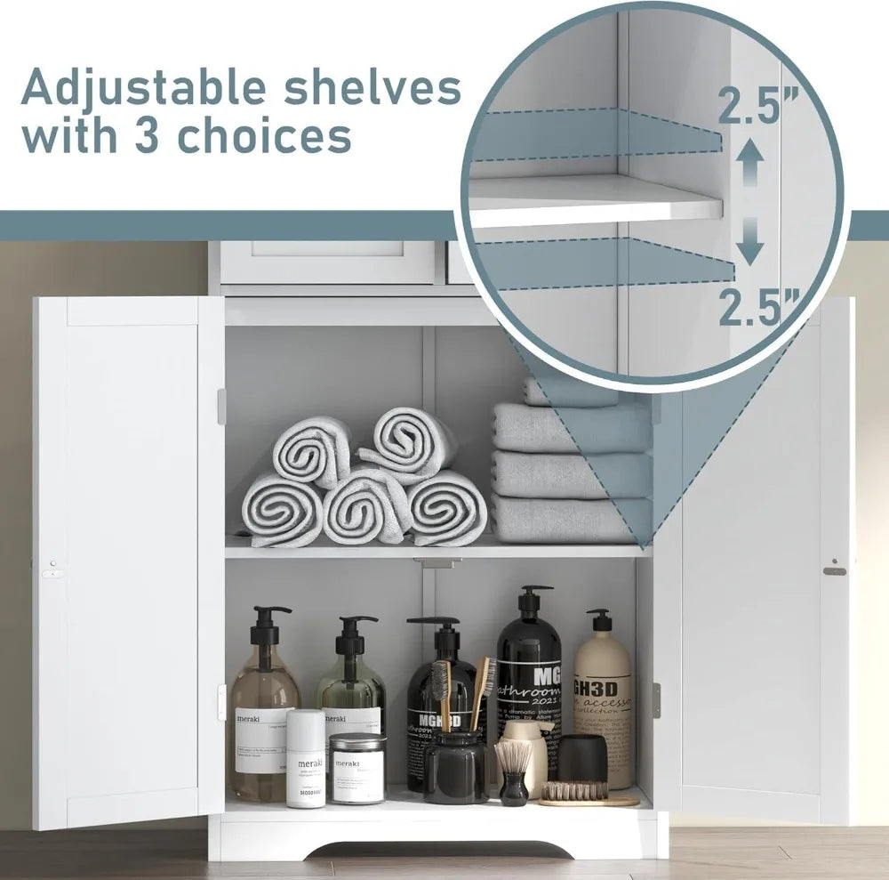 Freestanding Bathroom Linen Cabinet With Glass Doors And Shelves