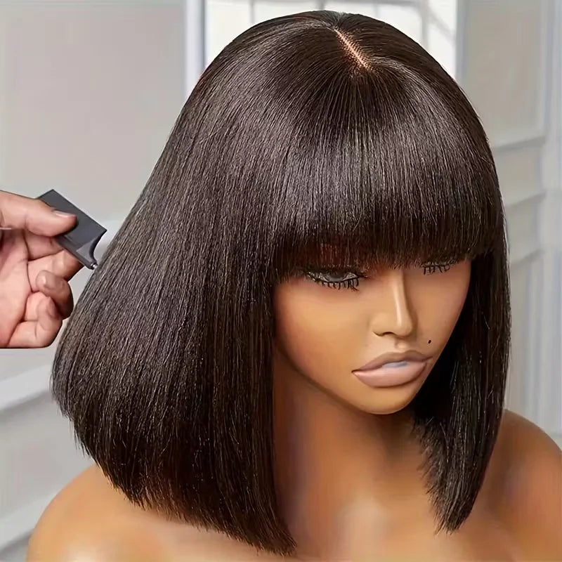 Lafino Straight Brazilian Remy Hair Lace Bob Wig With Bangs