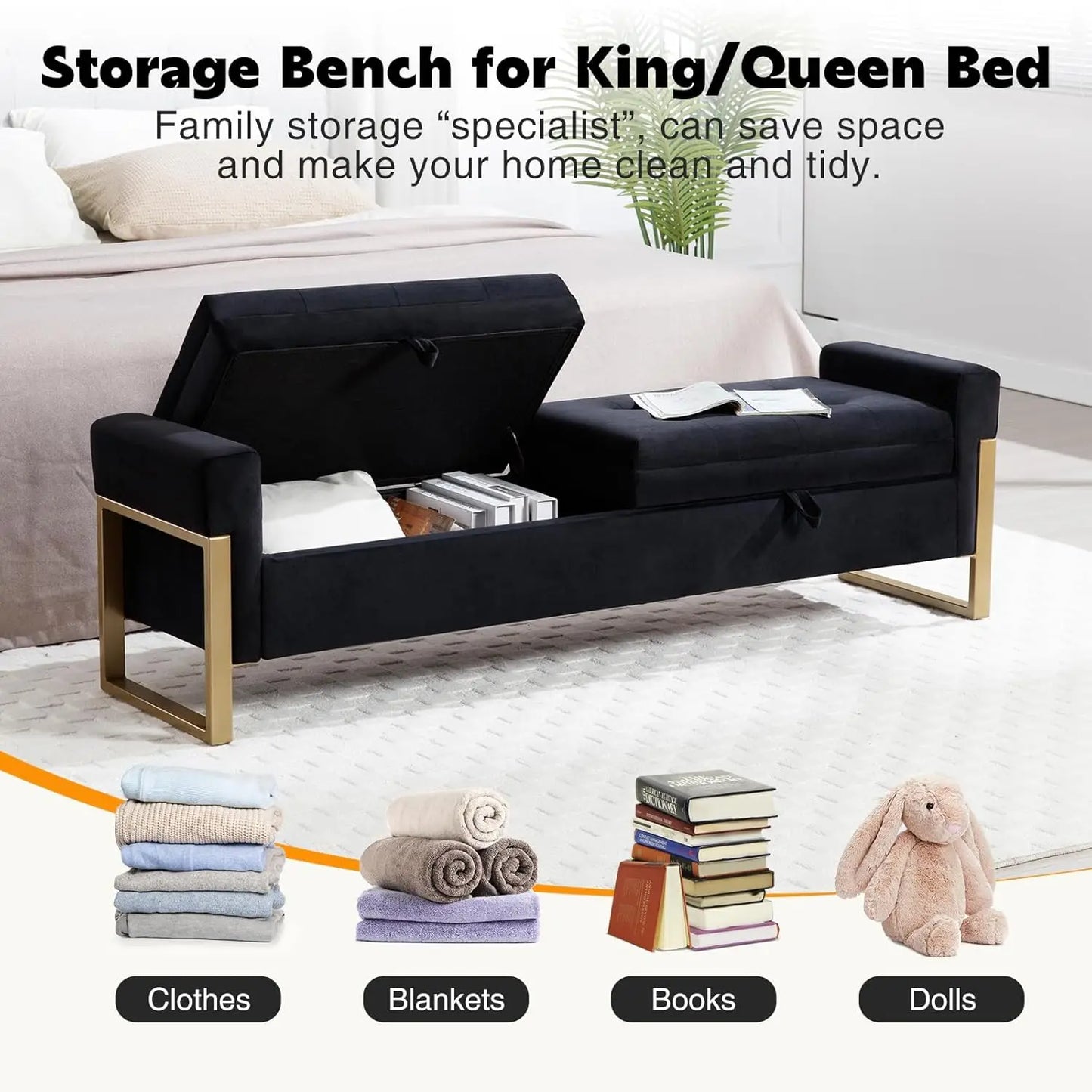End Of Bed Storage Bench Velvet Upholstery With Metal Legs