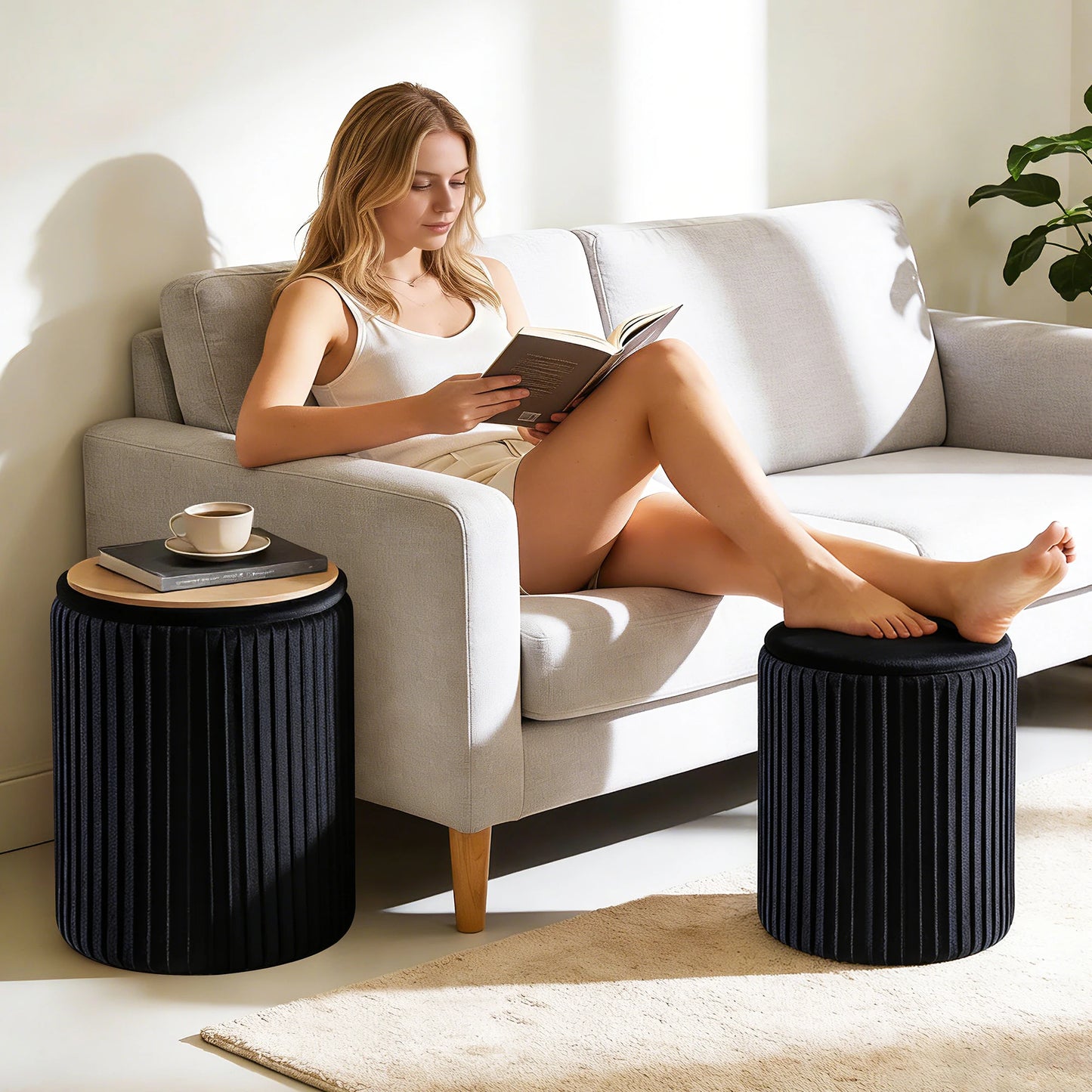 JHK Round Storage Ottoman Set Of 2 With Hidden Compartment