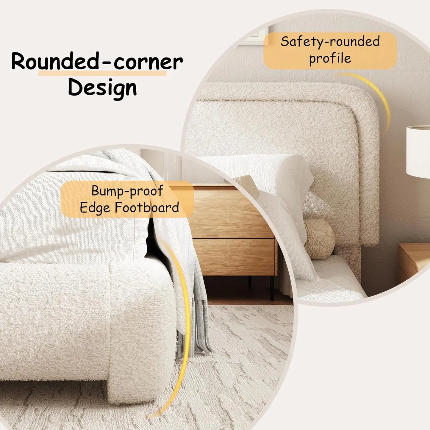 Boucle Upholstered Platform Bed Frame with Adjustable Headboard Rounded Corners