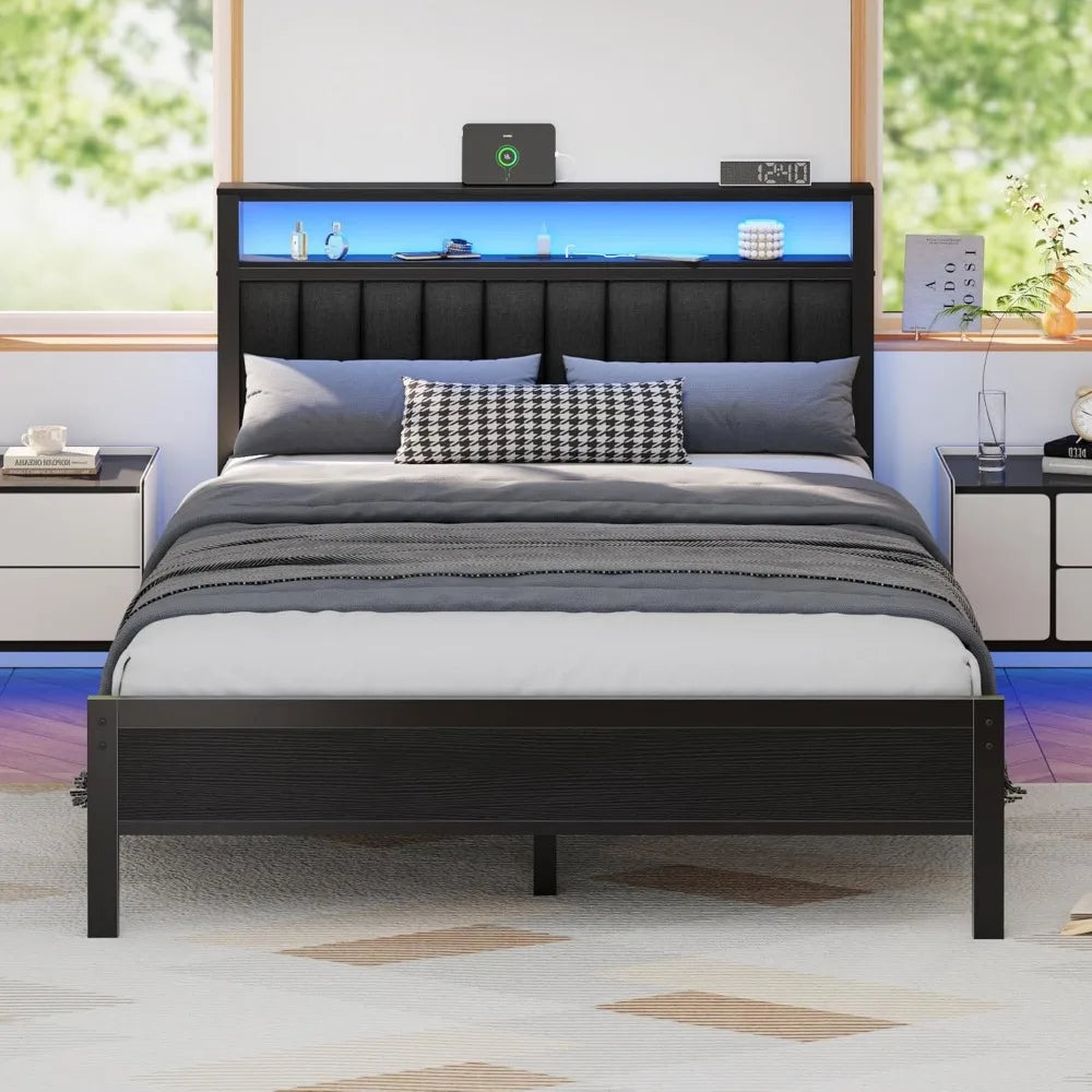 Bed Frame With Charging Station And LED Lights Platform Bed